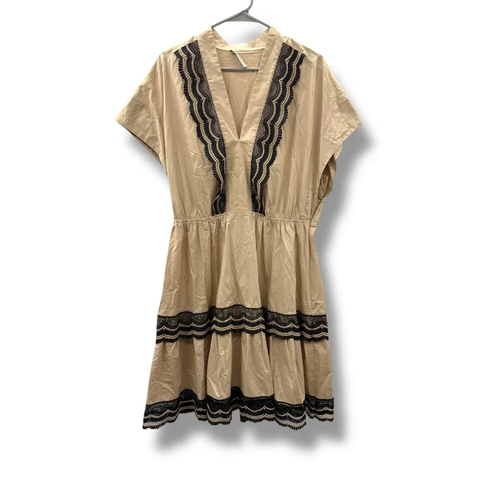 Twinset Milano Lace Trim V-Neck Short Sleeve Dress Women's IT 46 Beige Boho Chic - Picture 3 of 15